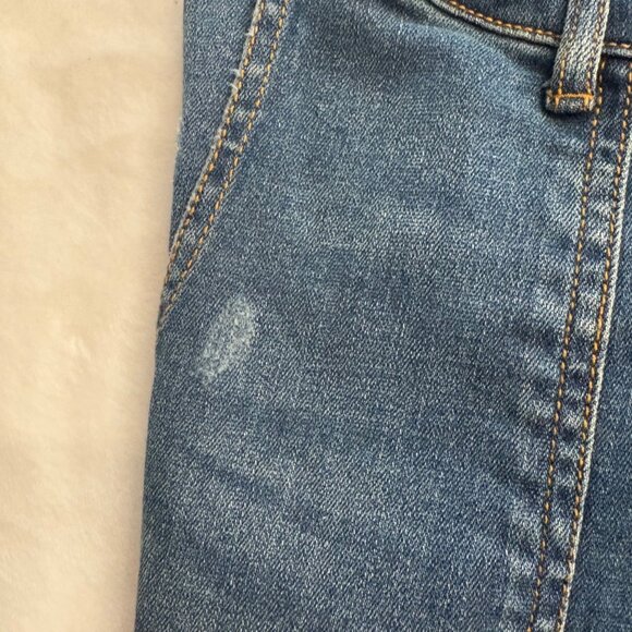 Indigo Blue Womens Distressed Navy Denim Overalls Size L Stretchy Side Panels - Picture 9 of 13